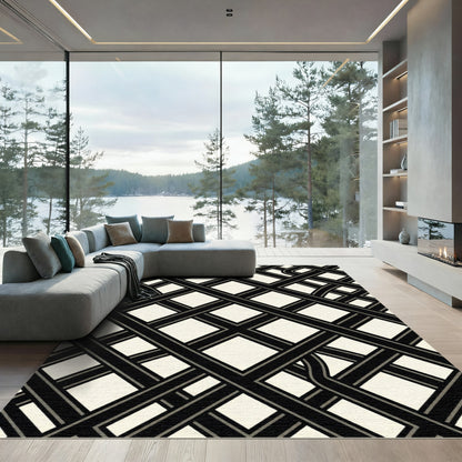Monochrome Geometric Grid Interlocking Lines Rug