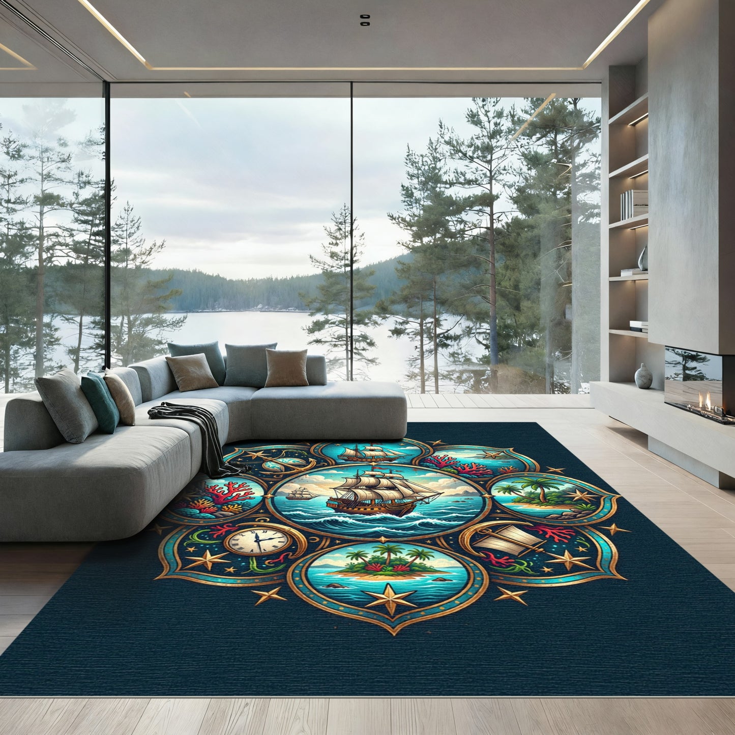 Nautical Compass Gold Marine Medallion Rug