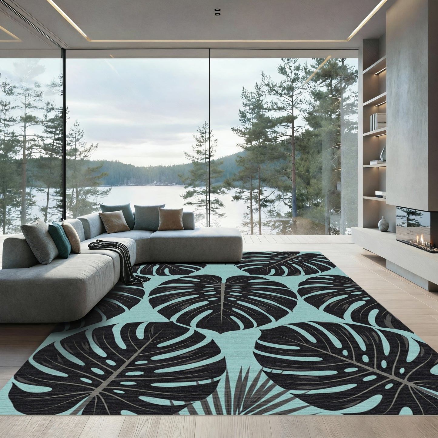 Lush Black Tropical Monstera Foliage Rug