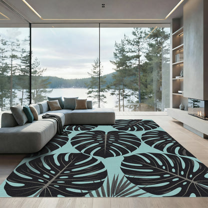 Lush Black Tropical Monstera Foliage Rug
