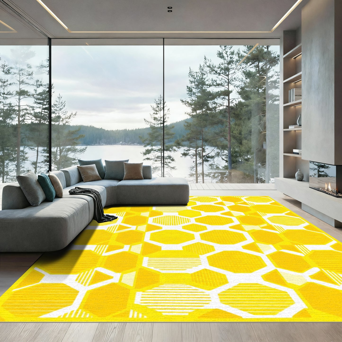 Bright Geometric Golden Honeycomb Rug
