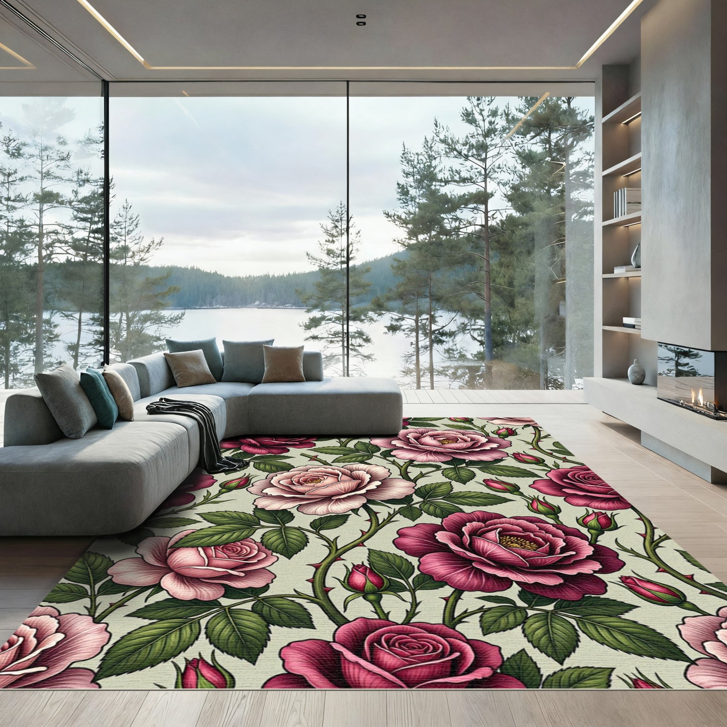 Romantic Pink Rose Garden Pattern Rug