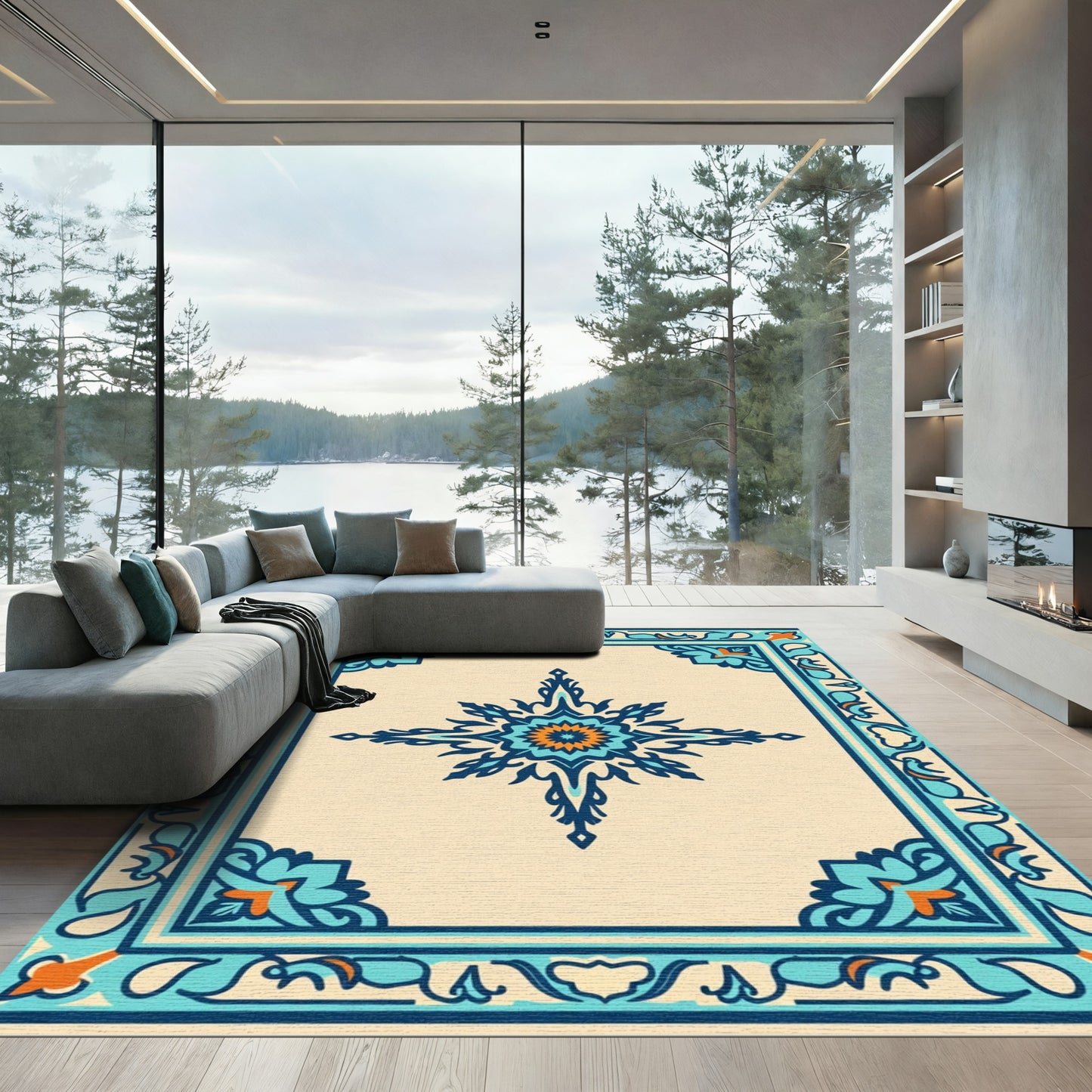Teal Orange Starburst Medallion Border Rug