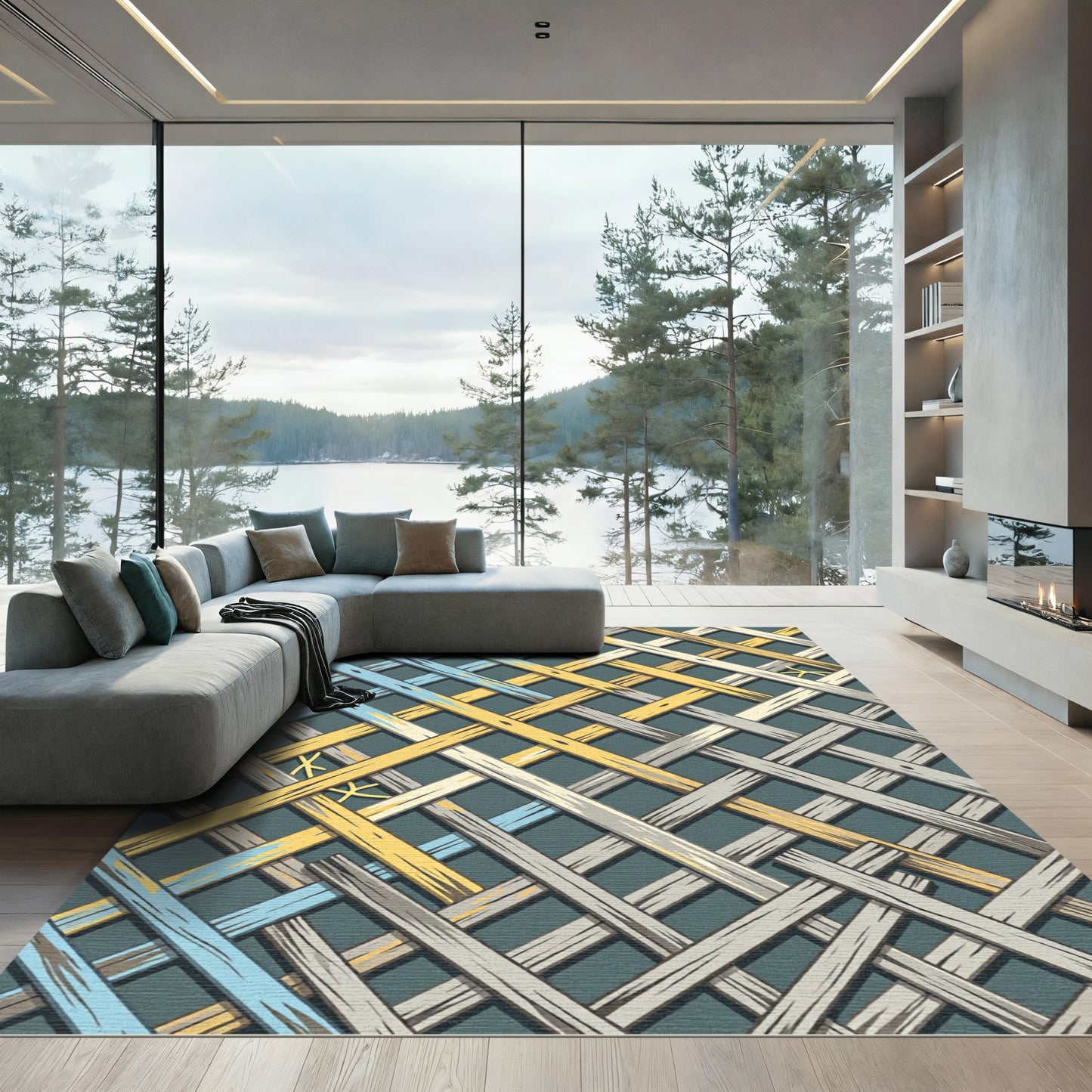 Woven Geometric Lattice in Blue and Gold Rug