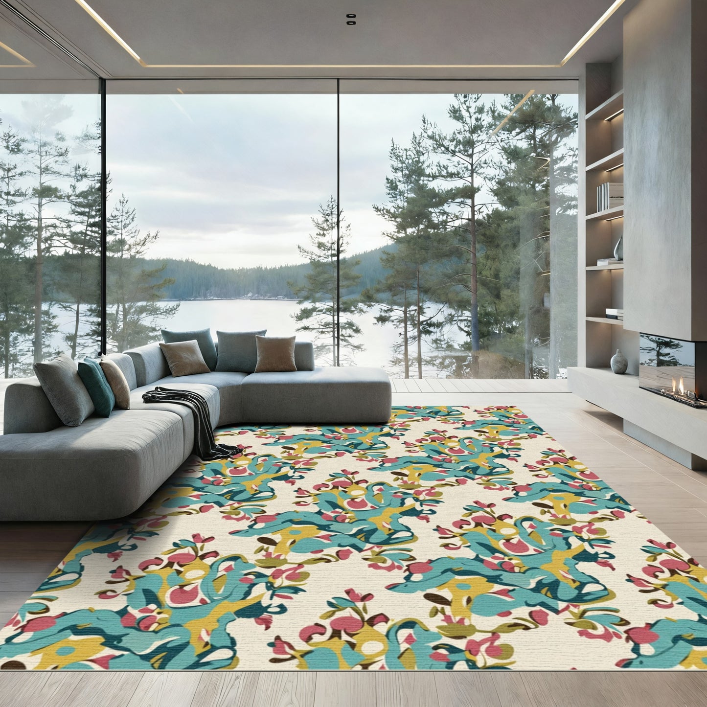 Abstract Teal Red Golden Floral Arrangement Rug