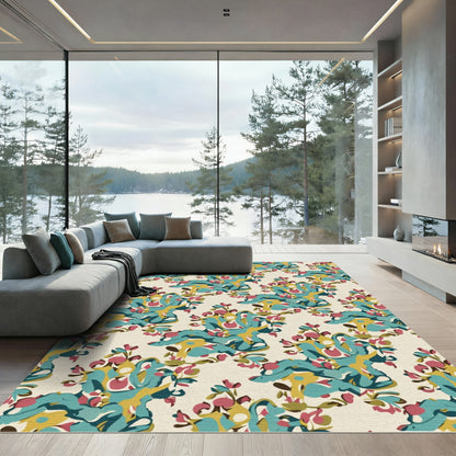Abstract Teal Red Golden Floral Arrangement Rug