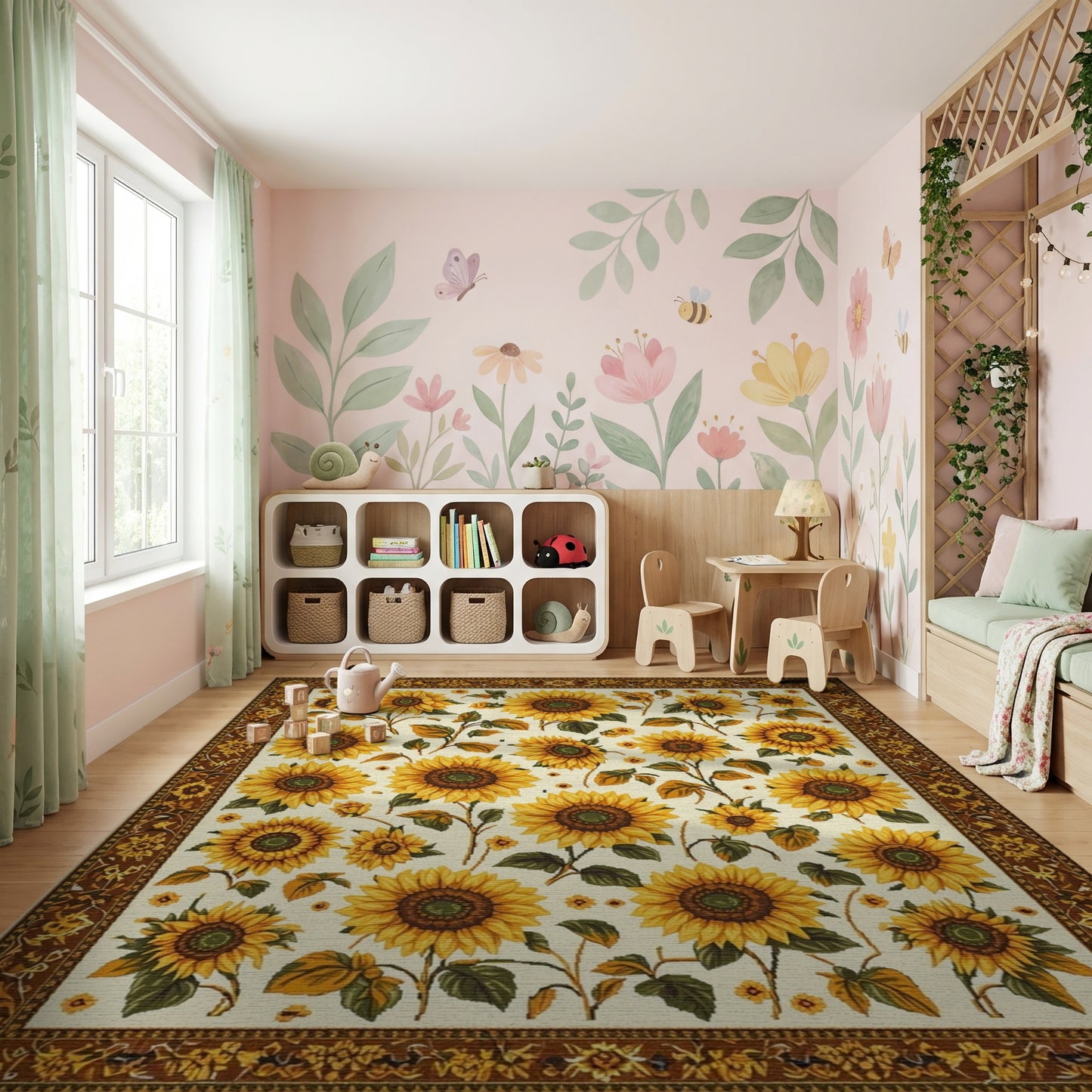 Cream Sunflower Leaves Golden Border Rug