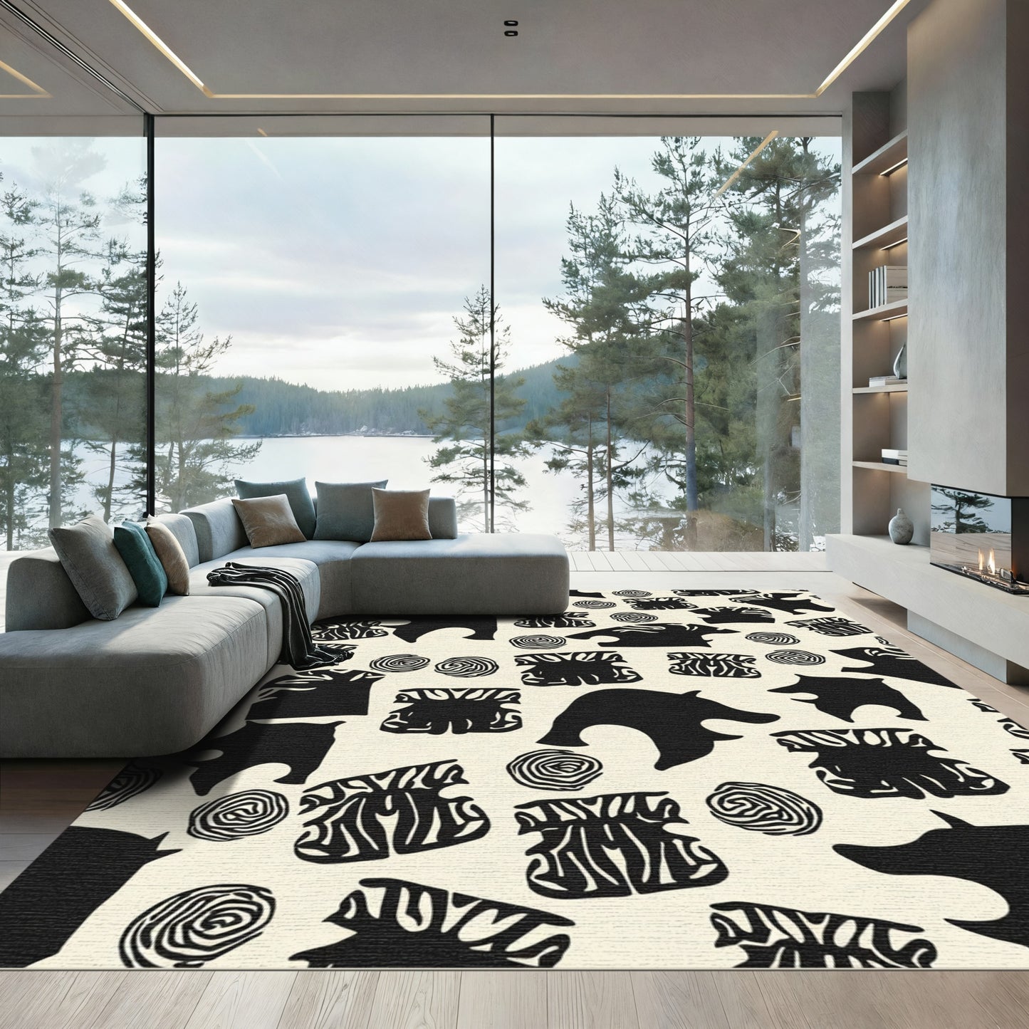 Black Abstract Fauna Circular Shapes Rug
