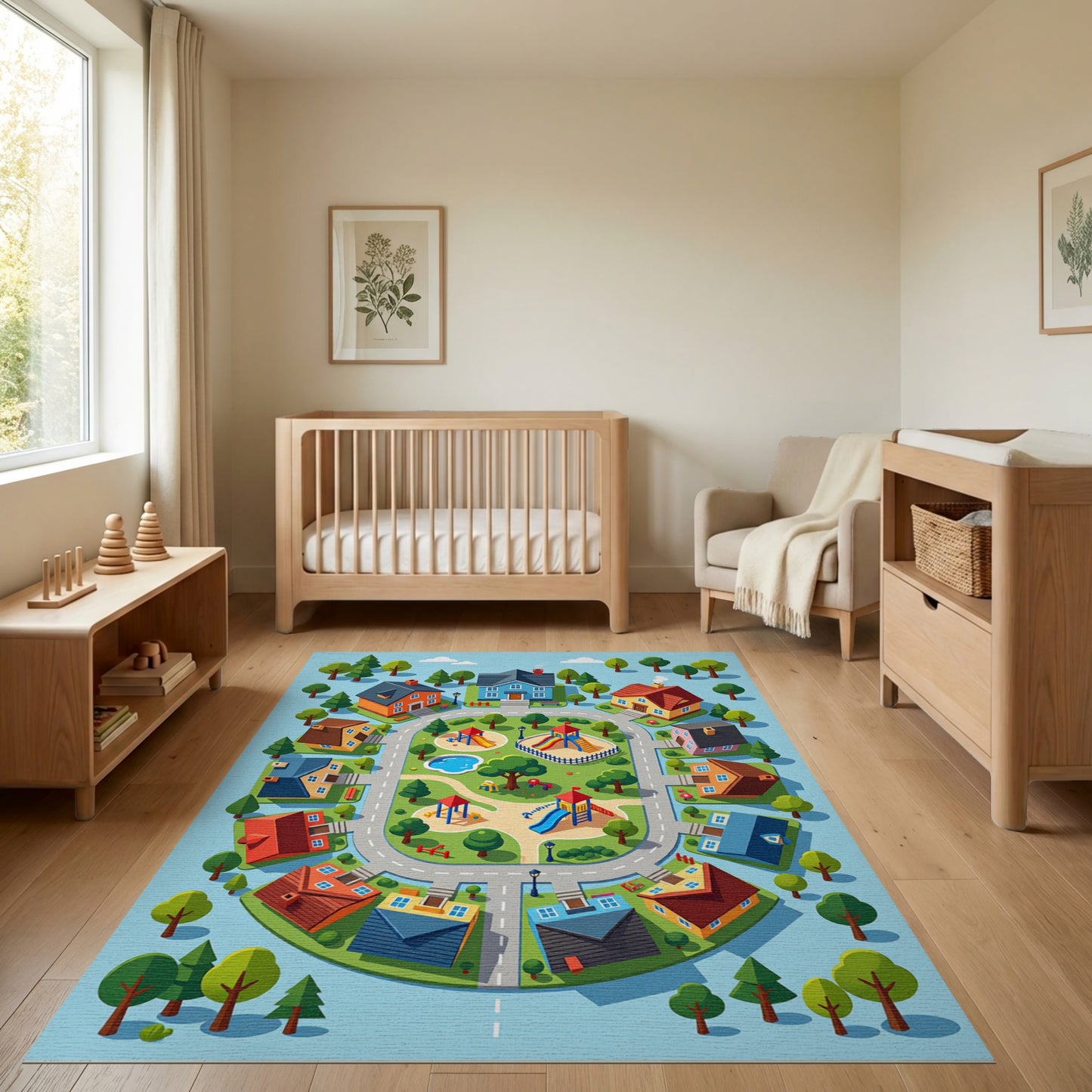 Colorful Whimsical Neighborhood Playground Rug