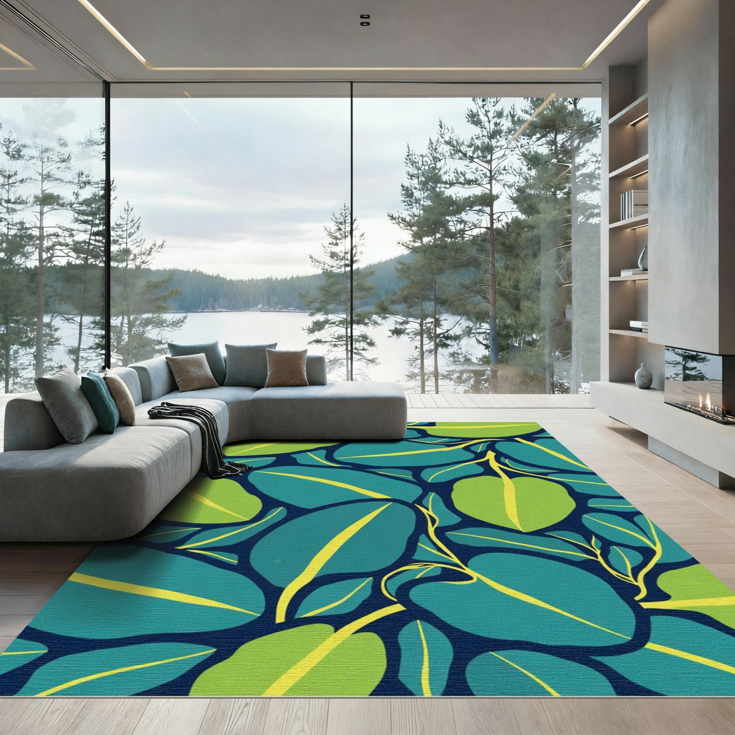 Deep Teal Leafy Vine Abstract Rug