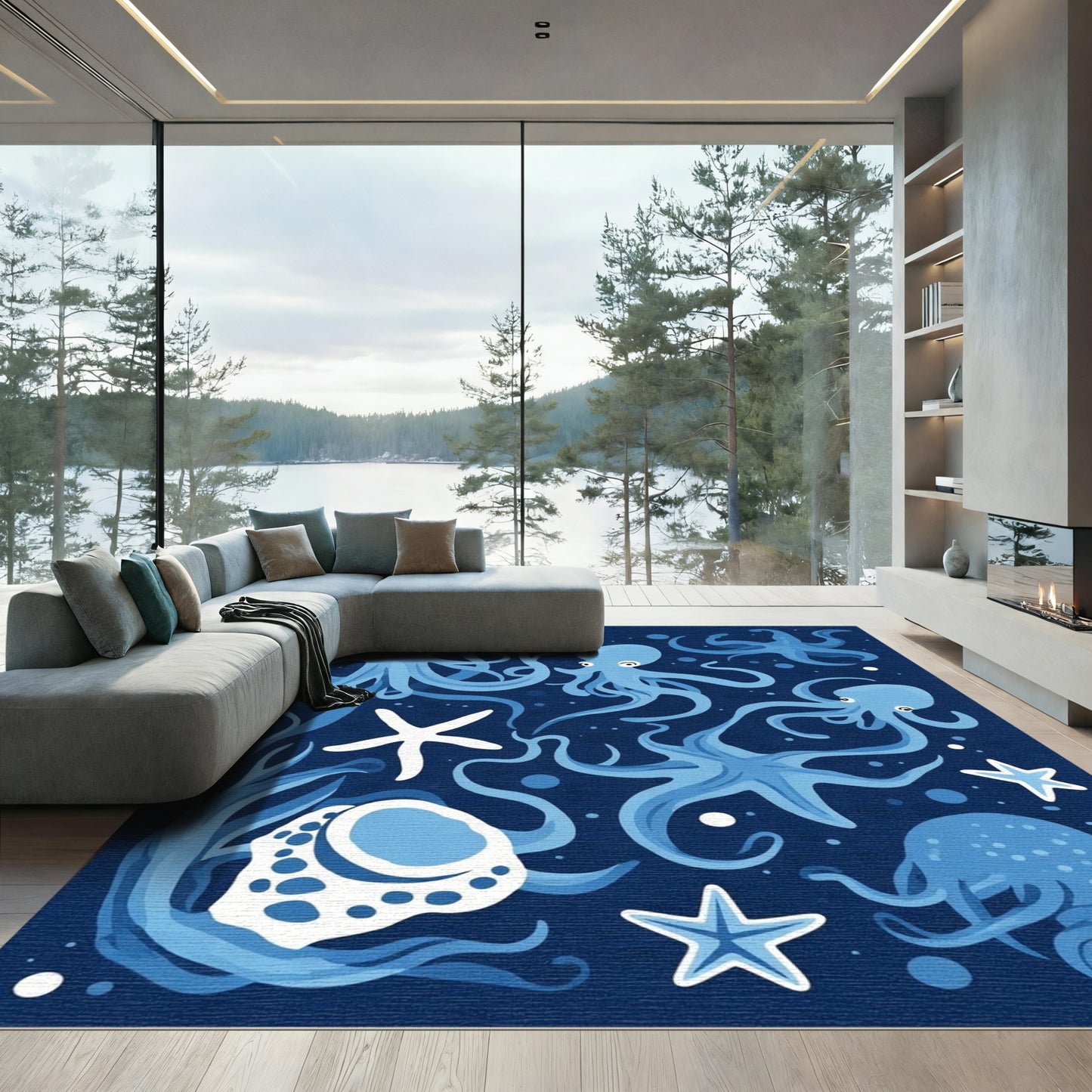 Navy Blue Octopus Sea Life Collection Rug