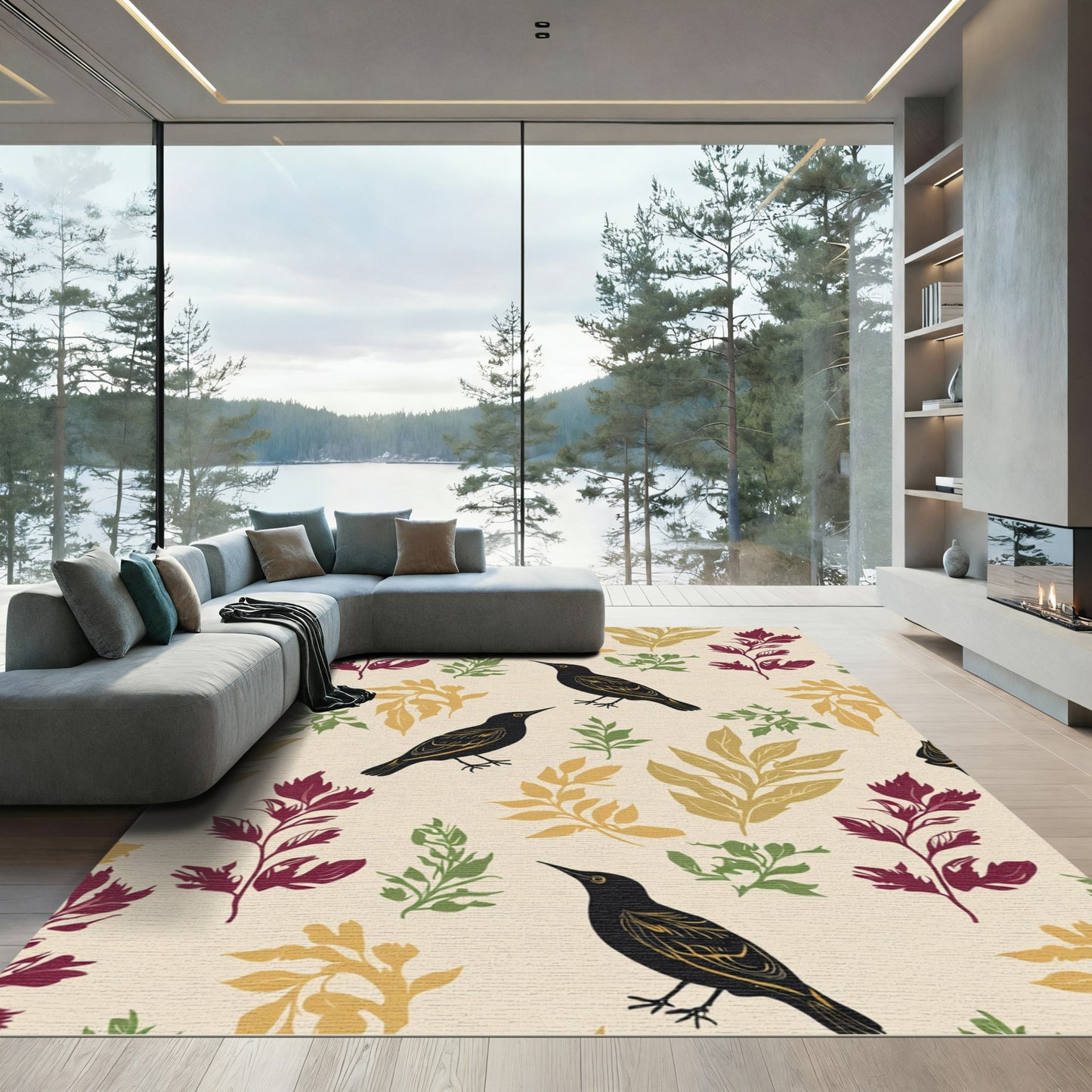 Black Bird Red Yellow Green Sprig Rug