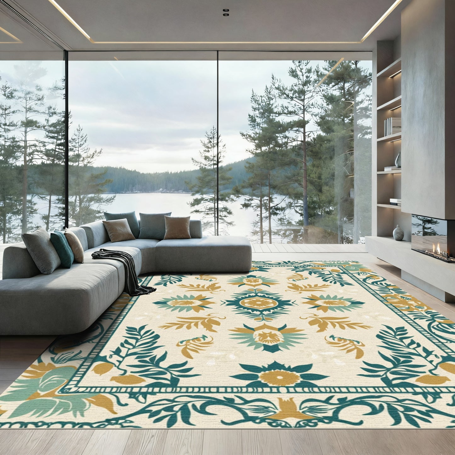 Teal Gold Floral Medallion Ivory Rug