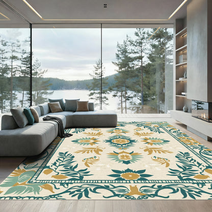 Teal Gold Floral Medallion Ivory Rug