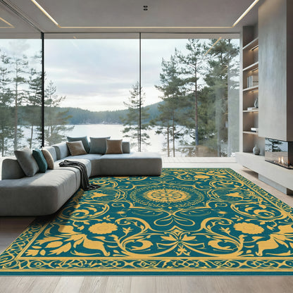 Teal And Gold Floral Medallion Rug