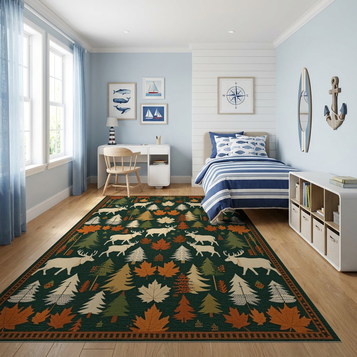 Rustic Elk Pine Maple Forest Rug