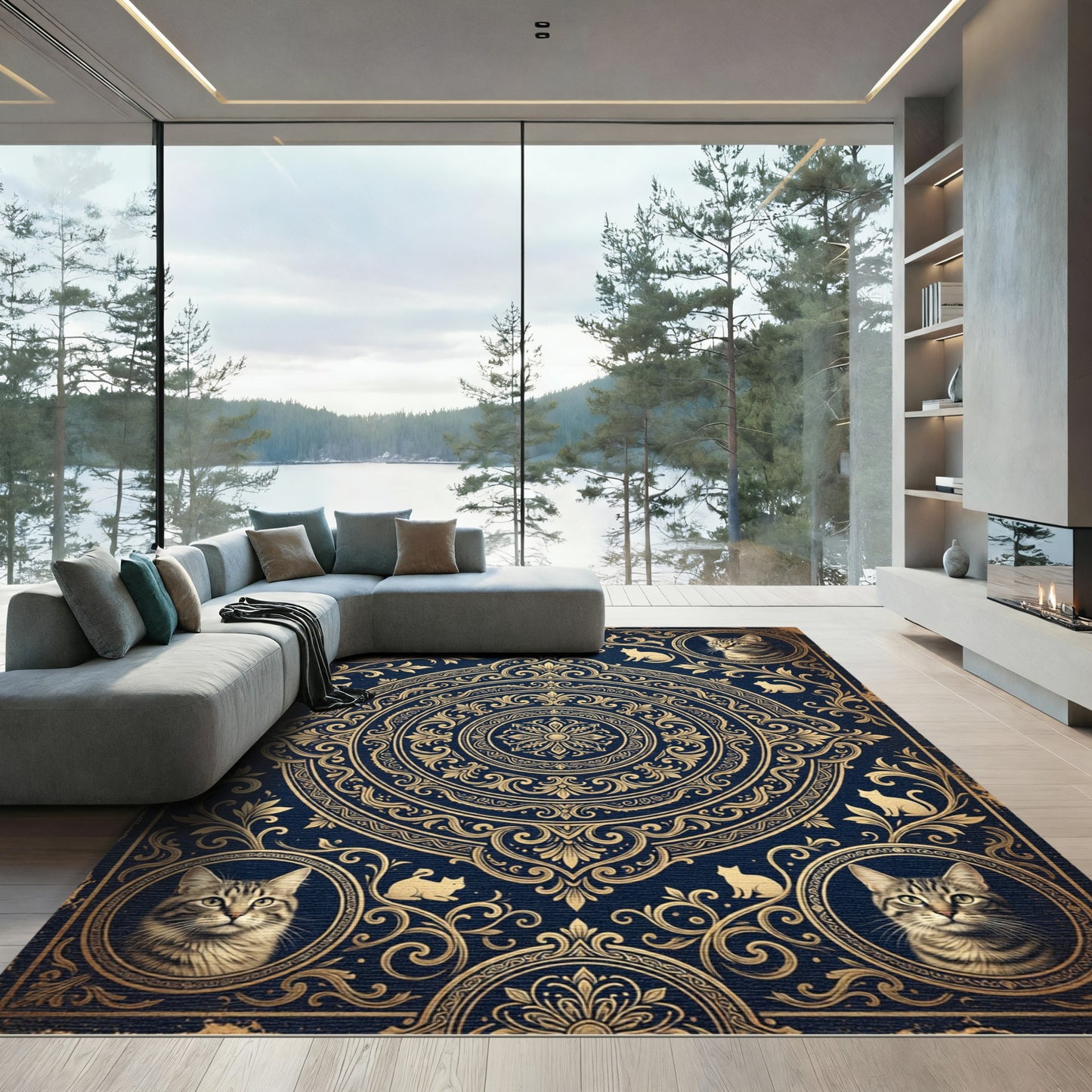 Ornate Royal Blue Golden Cat Medallion Rug