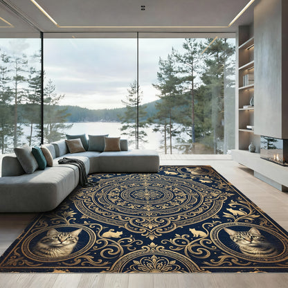 Ornate Royal Blue Golden Cat Medallion Rug