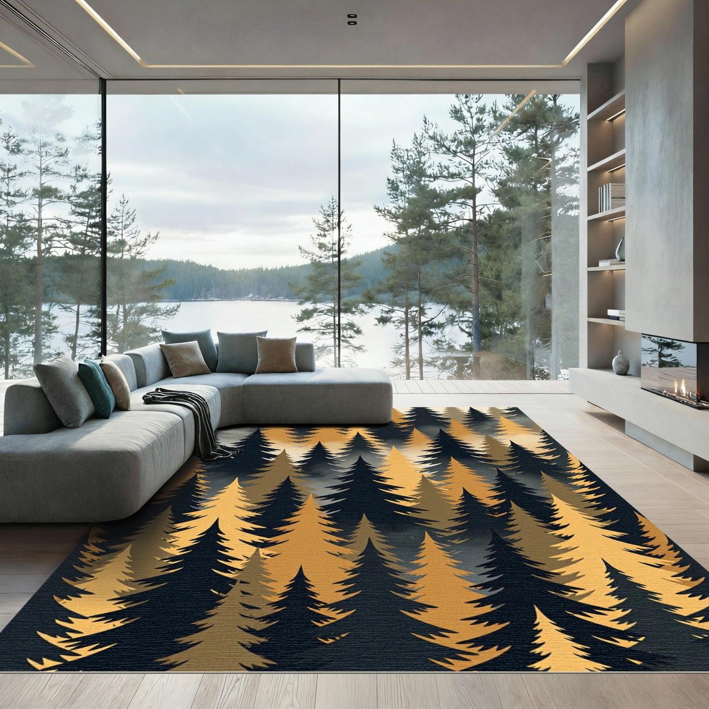Golden Foggy Pine Forest Silhouette Rug