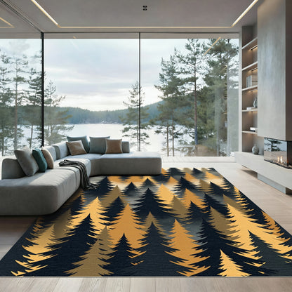 Golden Foggy Pine Forest Silhouette Rug