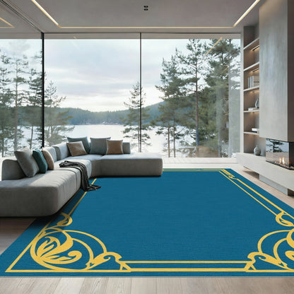 Elegant Teal Gold Scrollwork Frame Rug