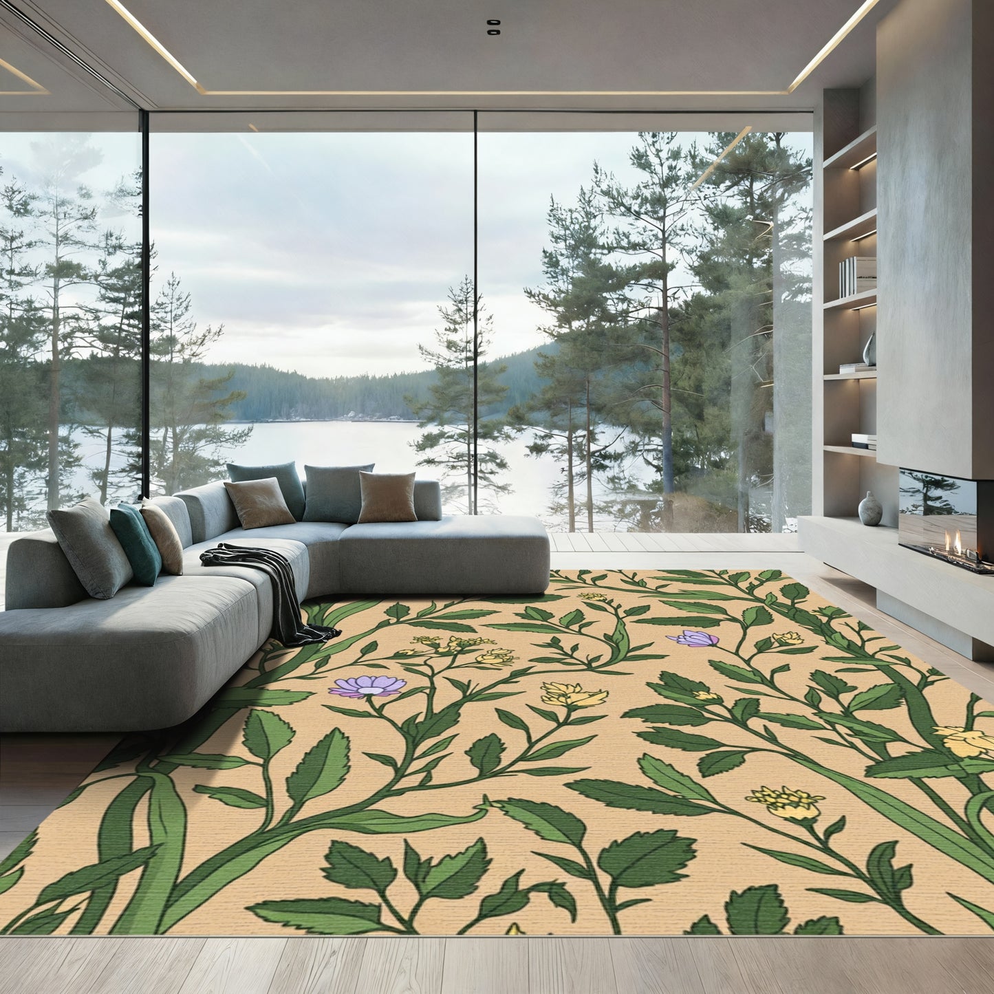Green Vine And Lavender Floral Rug