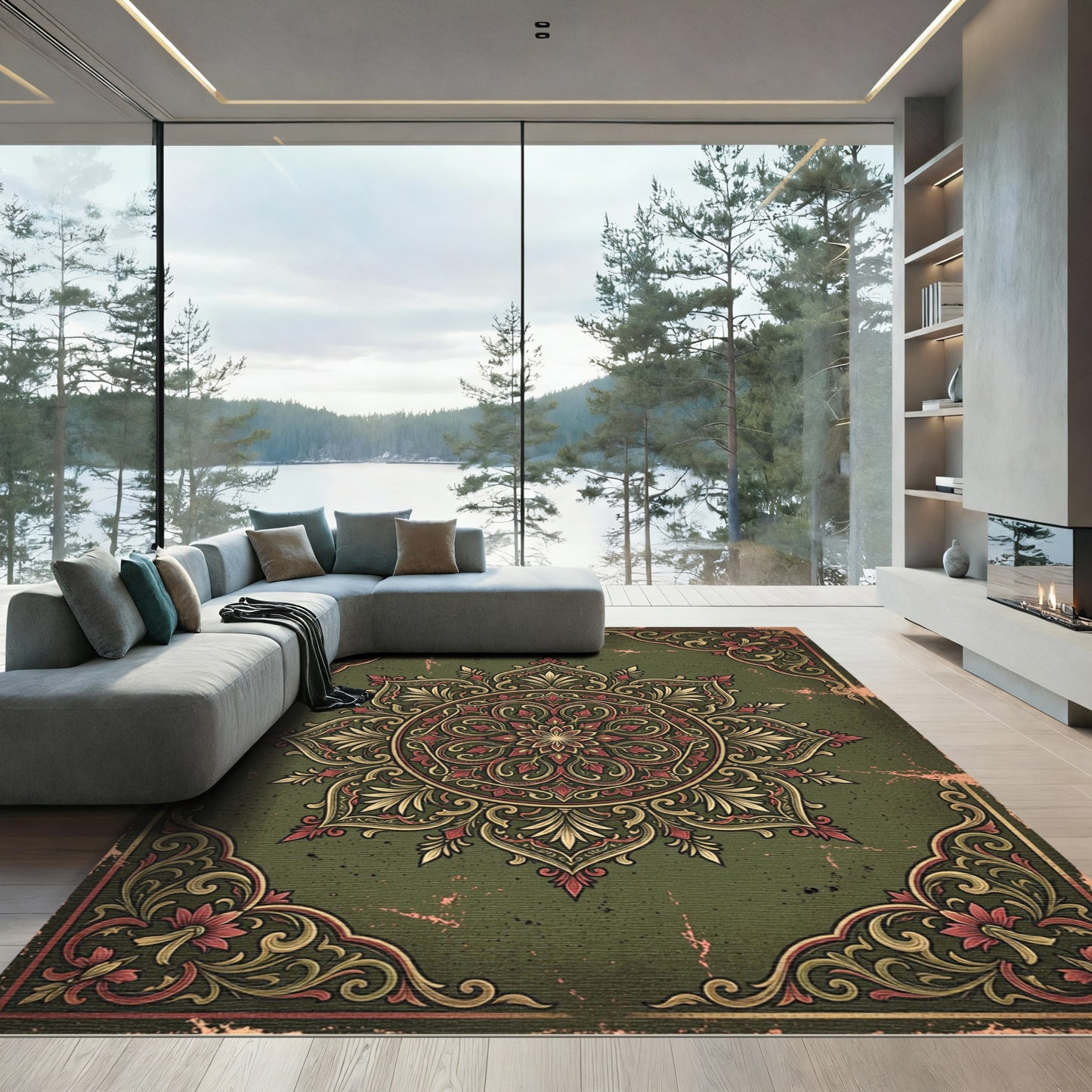 Vintage Olive Gold Ornate Mandala Rug