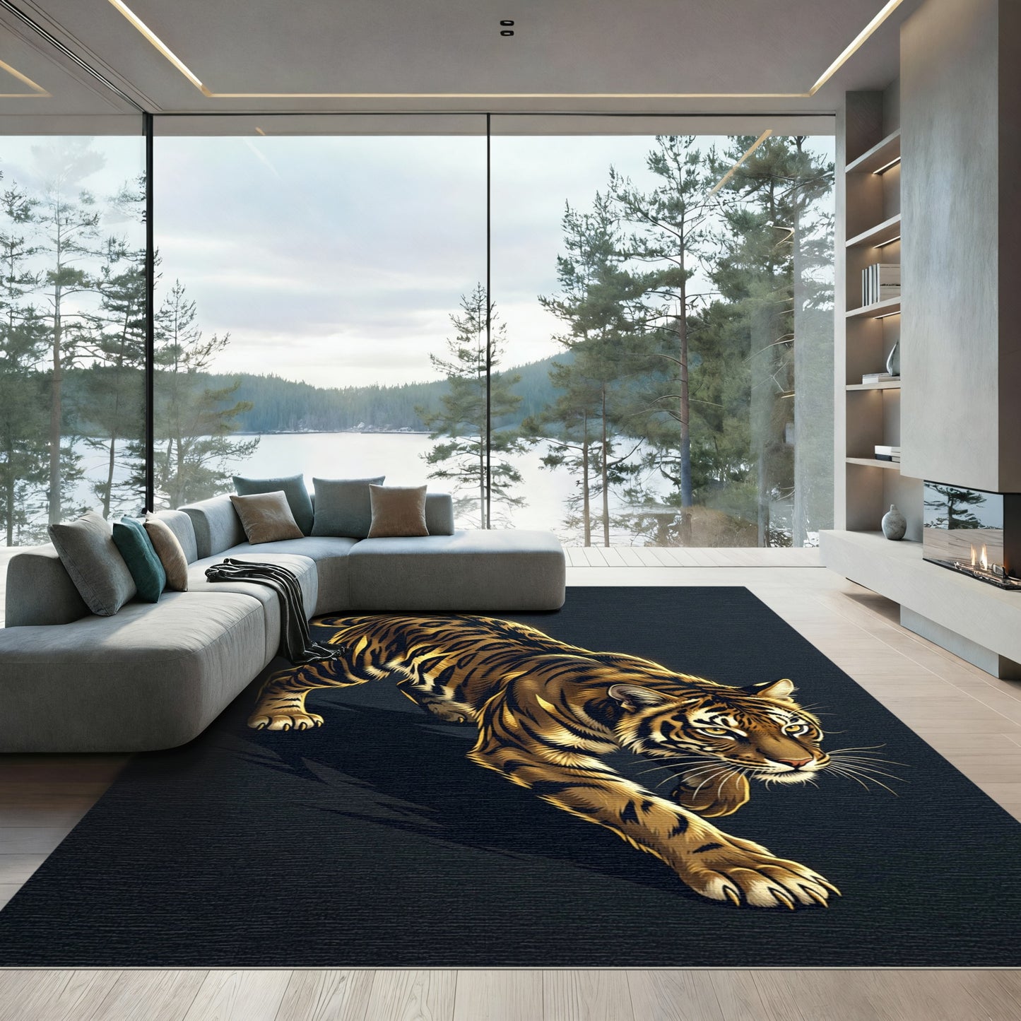 Majestic Golden Prowling Tiger Illustration Rug