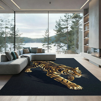 Majestic Golden Prowling Tiger Illustration Rug