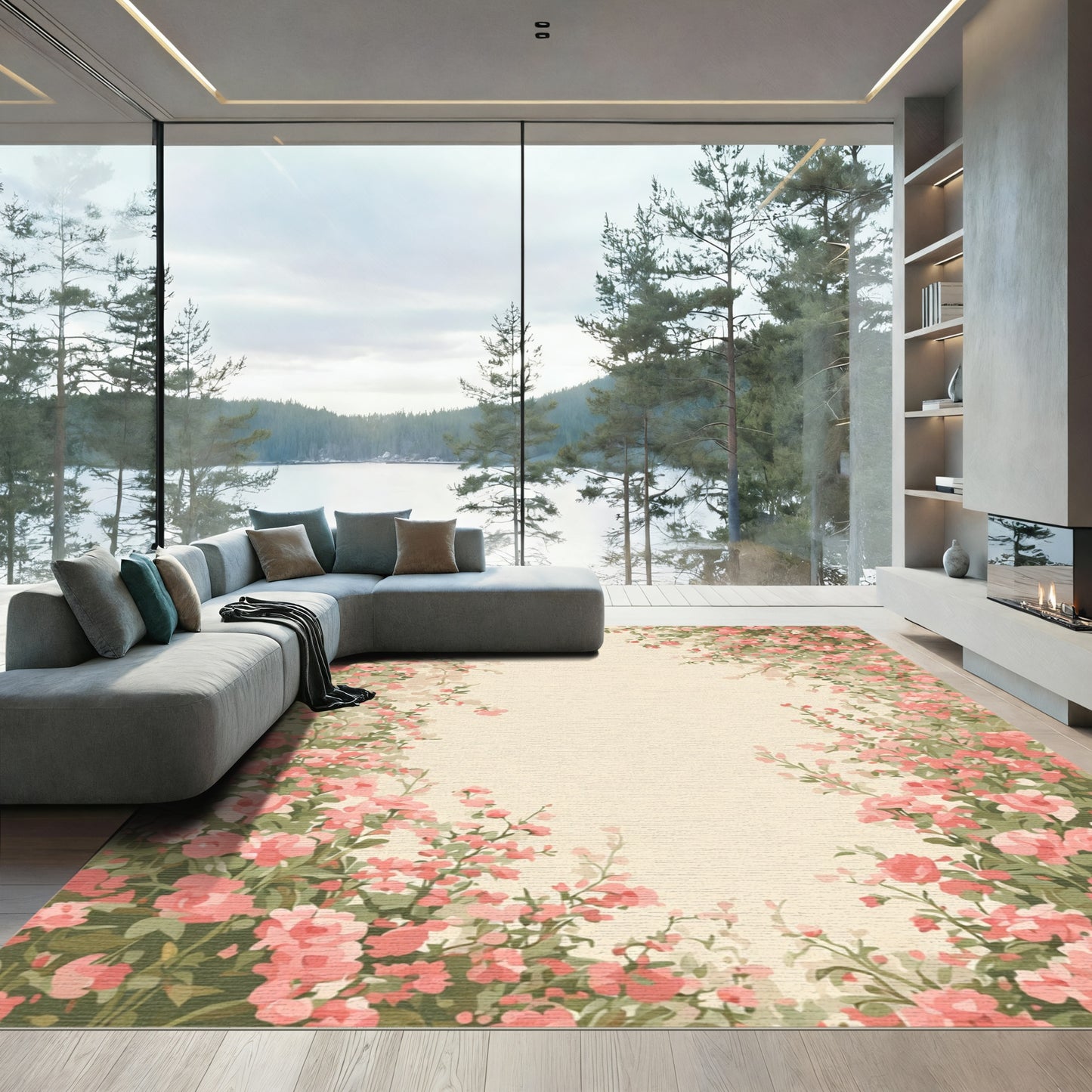 Charming Pink Blossom Floral Border Rug