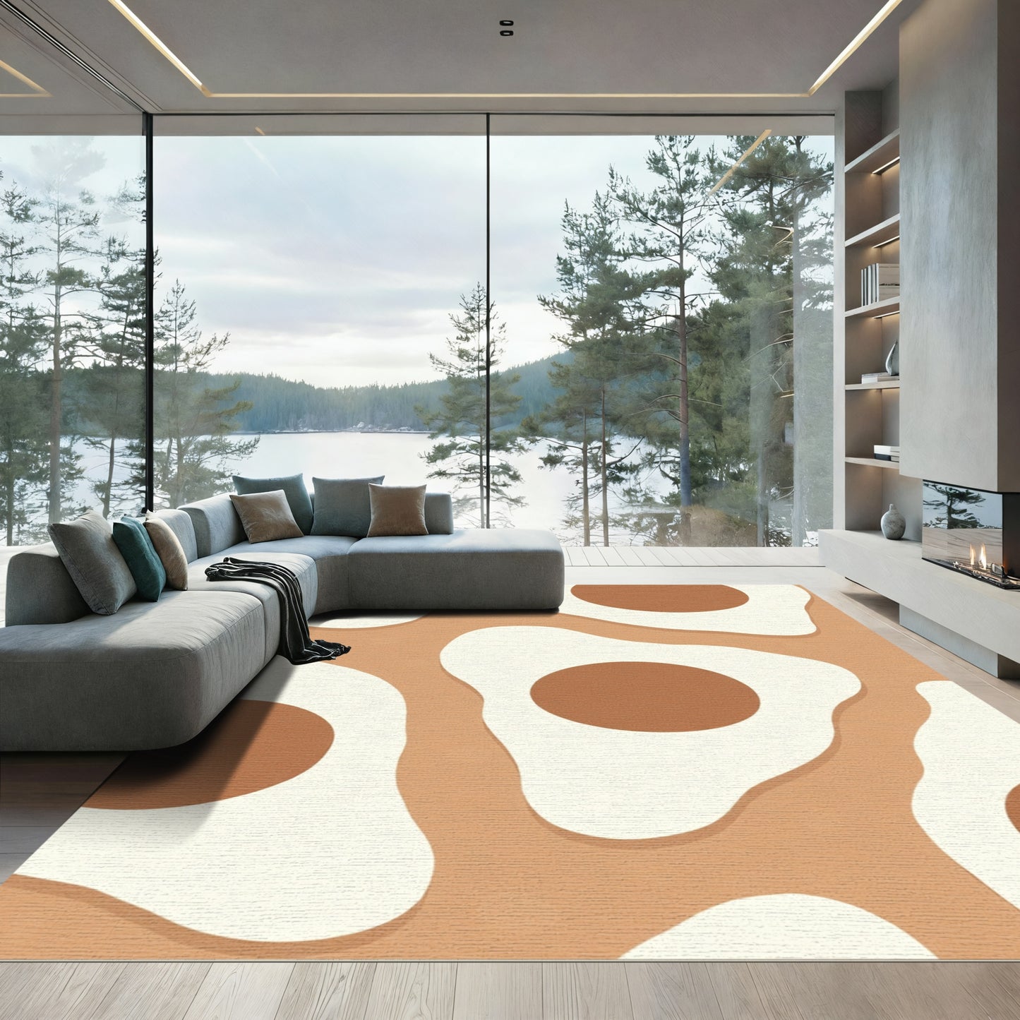 Abstract Brown and Cream Fried Egg Rug