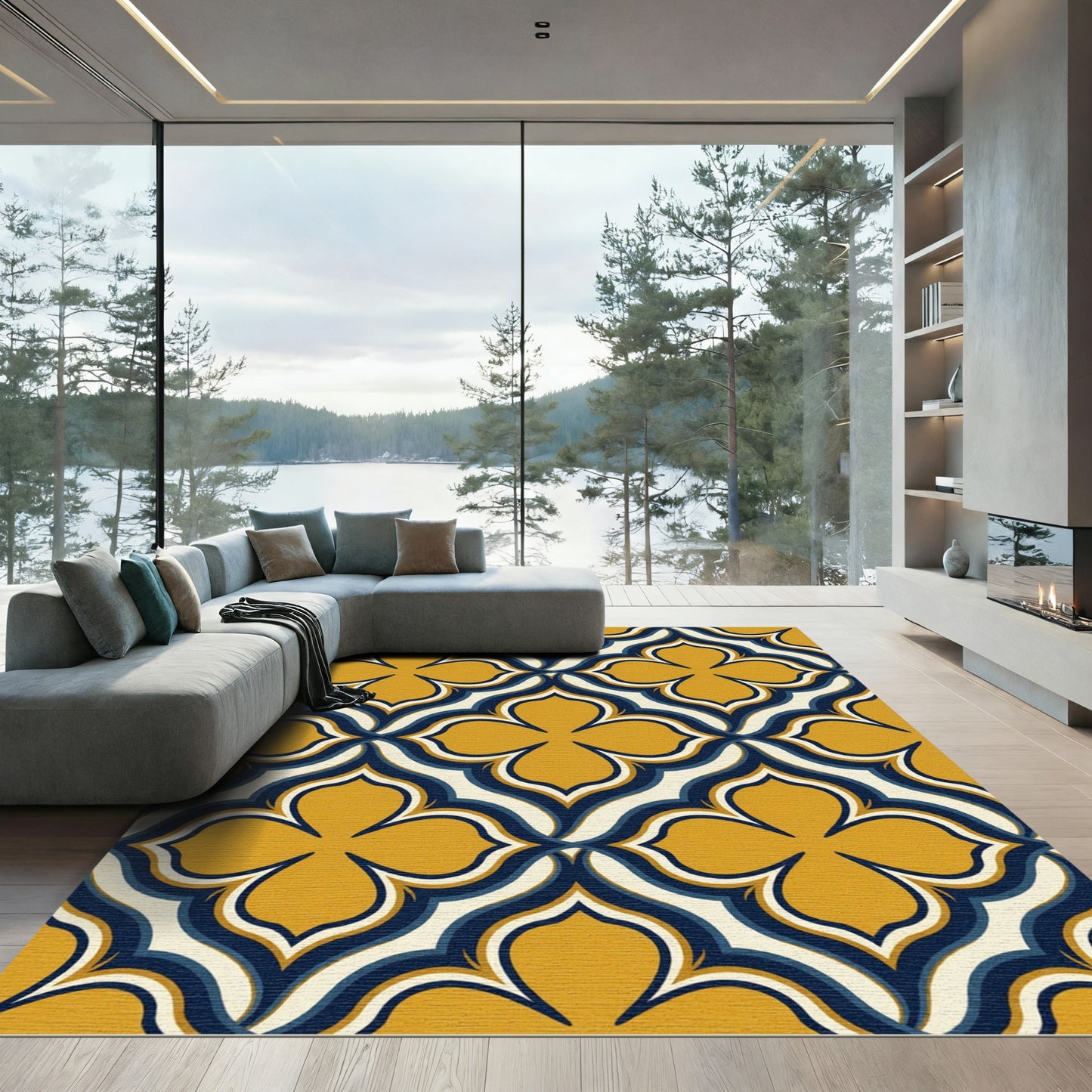 Midcentury Mustard Navy Geometric Quatrefoil Rug