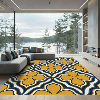 Midcentury Mustard Navy Geometric Quatrefoil Rug