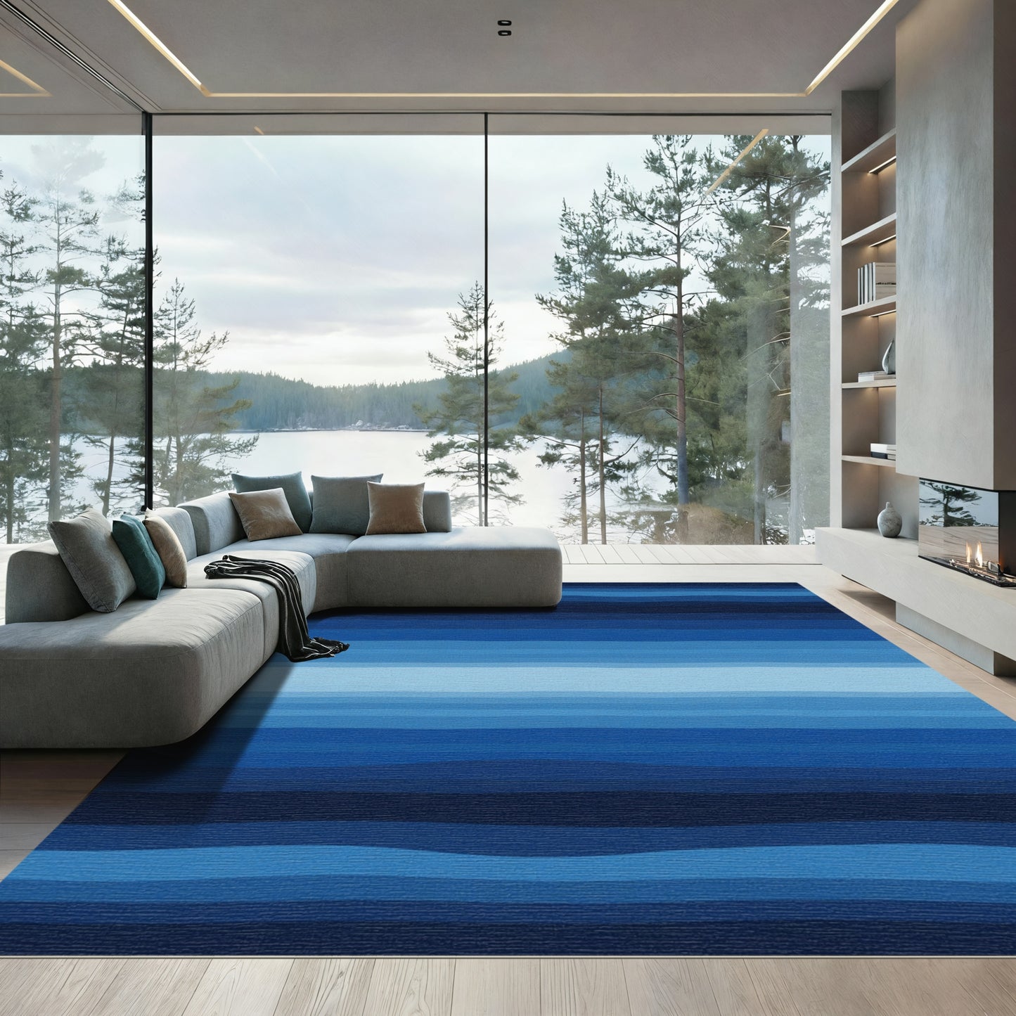 Deep Blue Gradient Wavy Stripes Rug