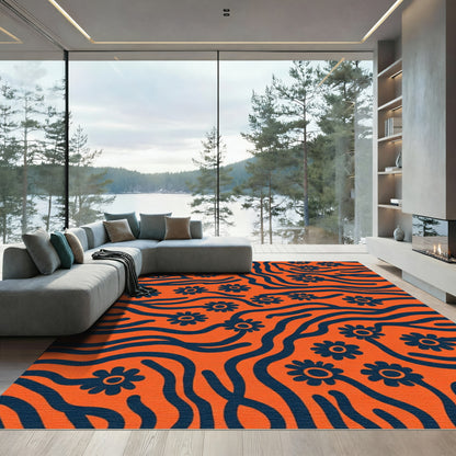 Orange And Navy Floral Flow Rug