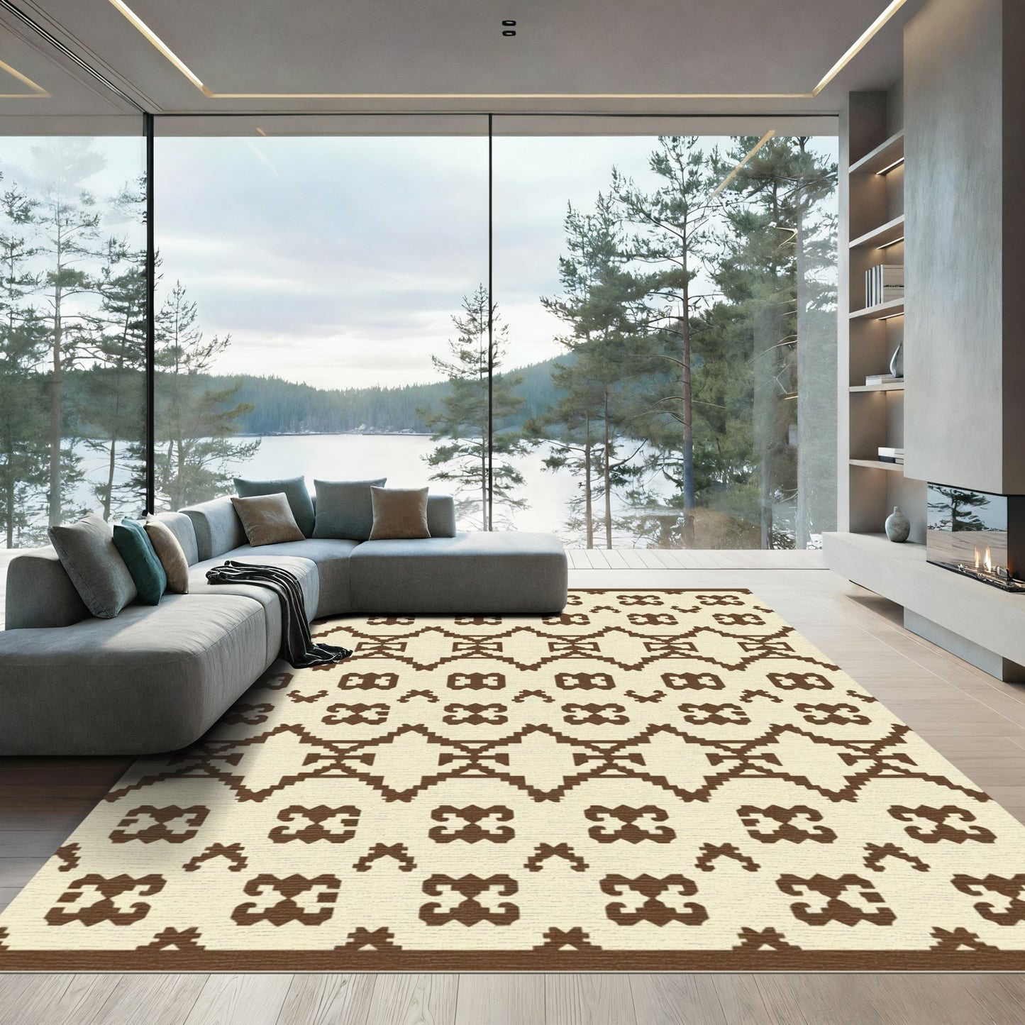 Brown Geometric Repeating Ethnic Motif Rug