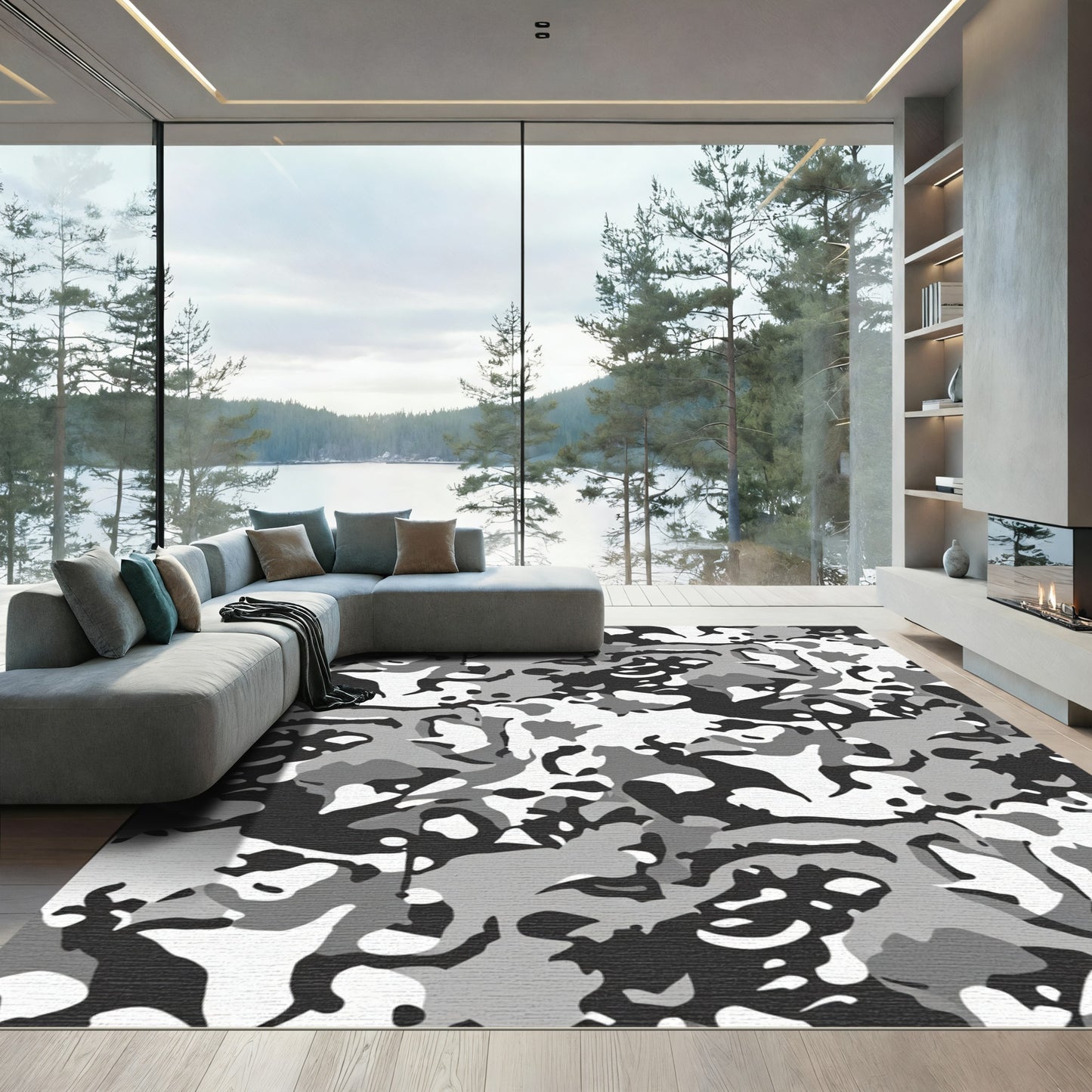 Monochromatic Gray Camouflage Abstract Rug
