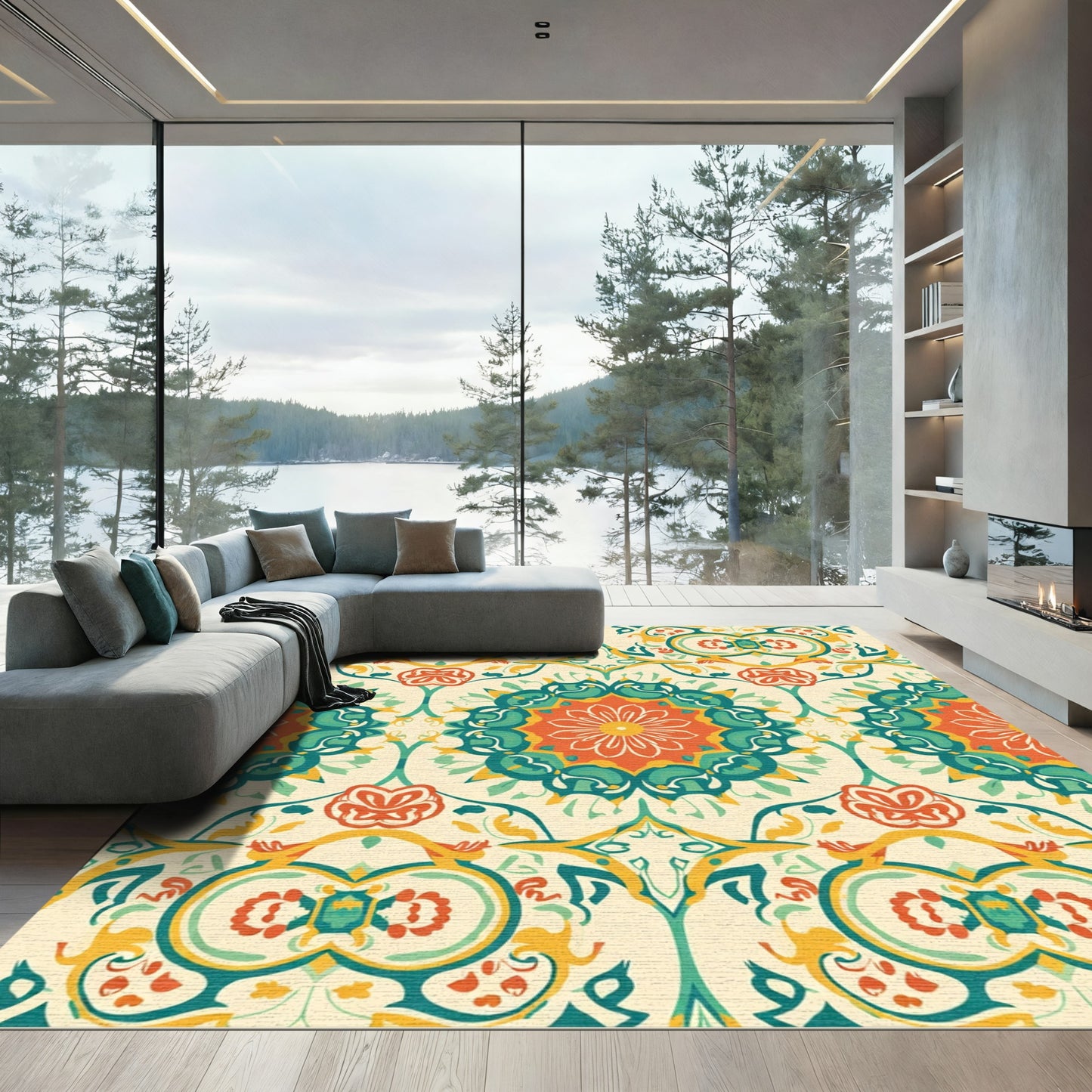 Orange Teal Floral Medallion Cream Background Rug