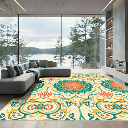 Orange Teal Floral Medallion Cream Background Rug