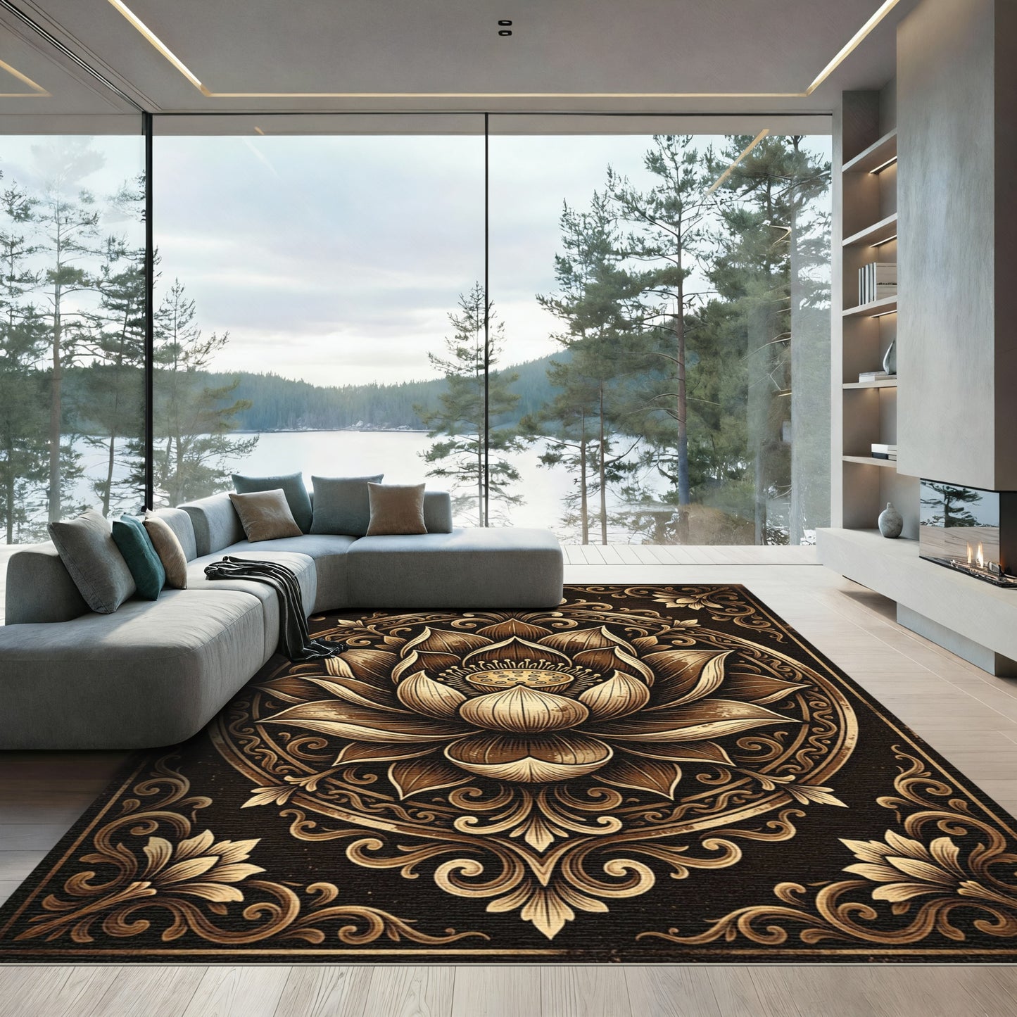 Ornate Gold Lotus Mandala Decor Rug