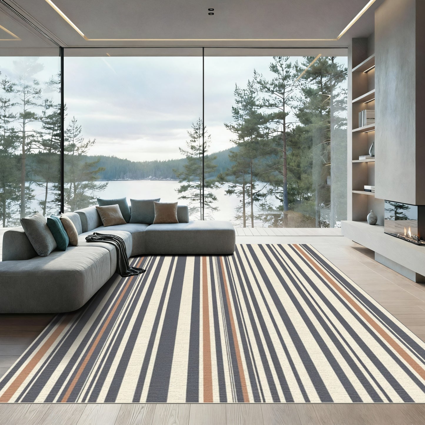 Cream Blue Copper Vertical Stripe Rug