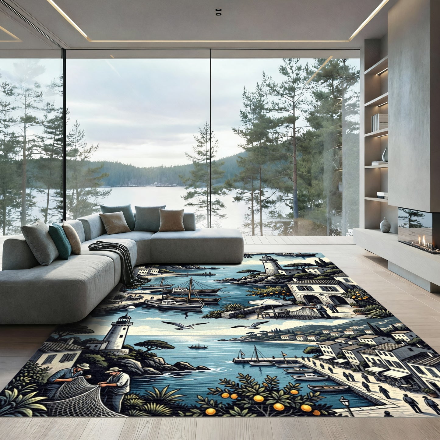 Coastal Village European Mediterranean Scene Rug