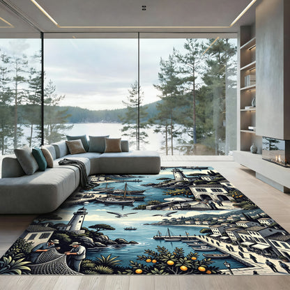 Coastal Village European Mediterranean Scene Rug