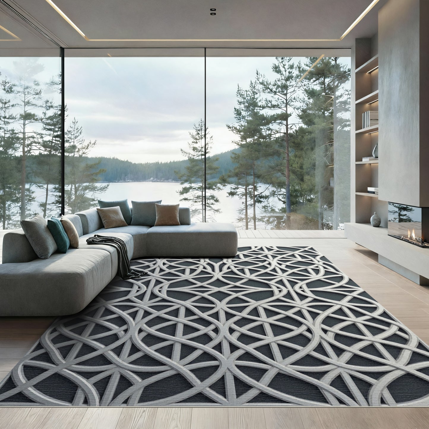 Sophisticated Silver Interlocking Geometric Lattice Rug
