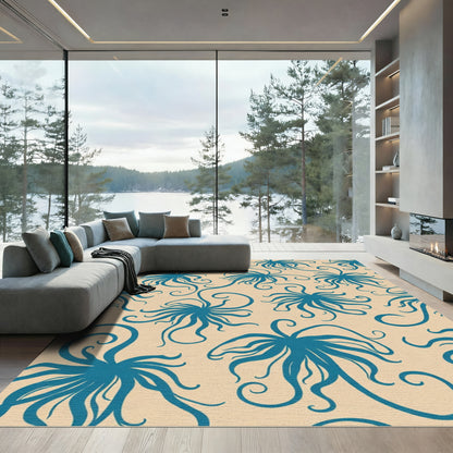 Deep Teal Whimsical Floral Swirl Rug