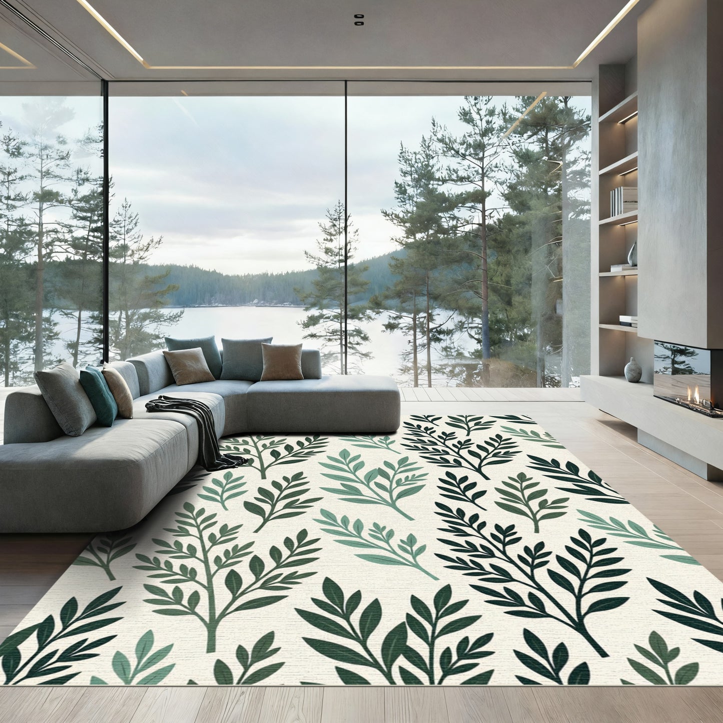 Dark Green Sage Leafy Branch Rug