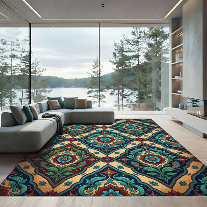 Rich Crimson Teal Floral Fish Rug