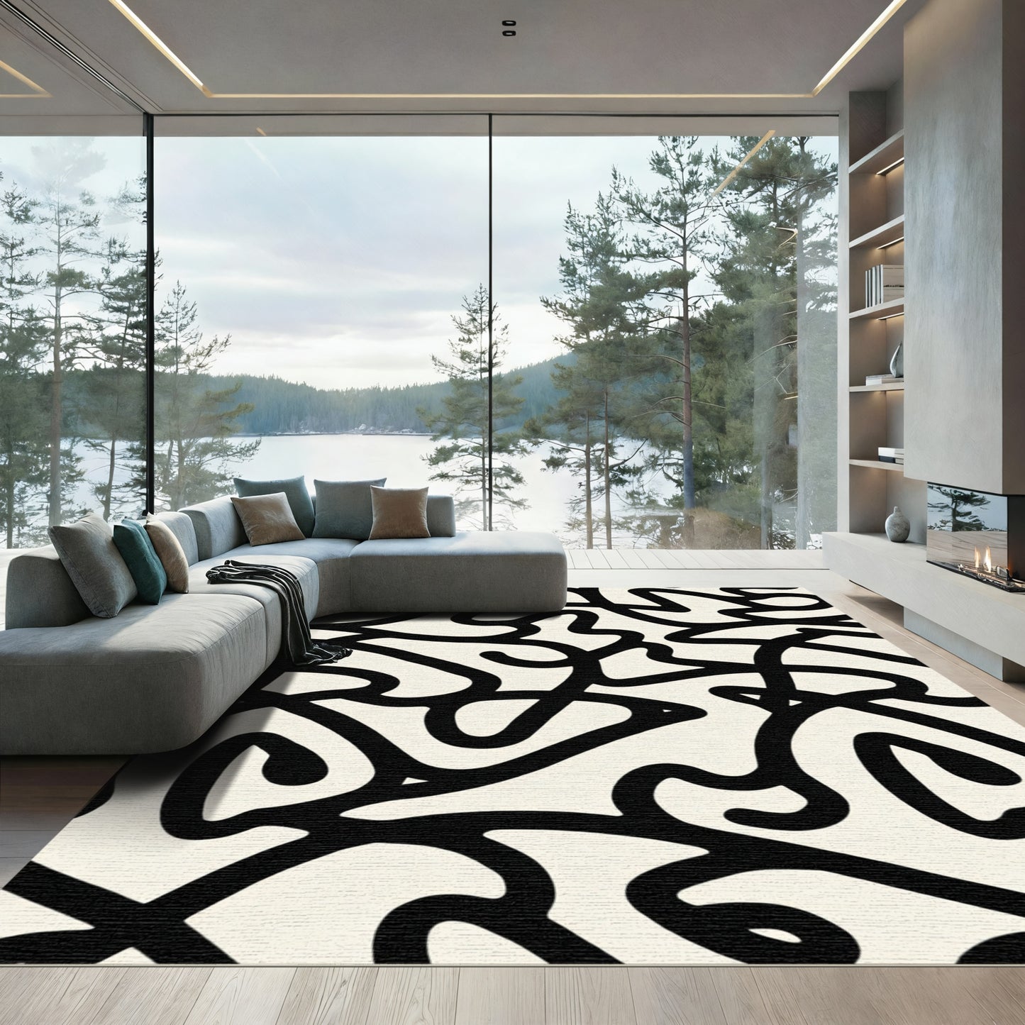 Bold Black Organic Line Art Rug