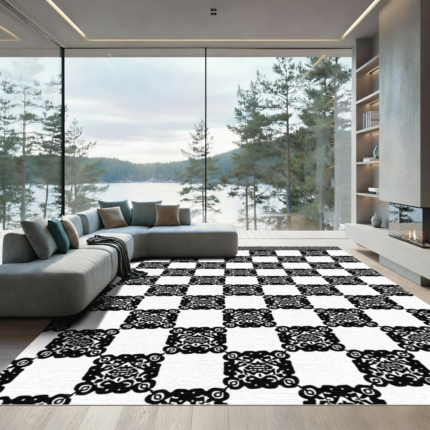 Chic Black White Checkerboard Ornament Rug