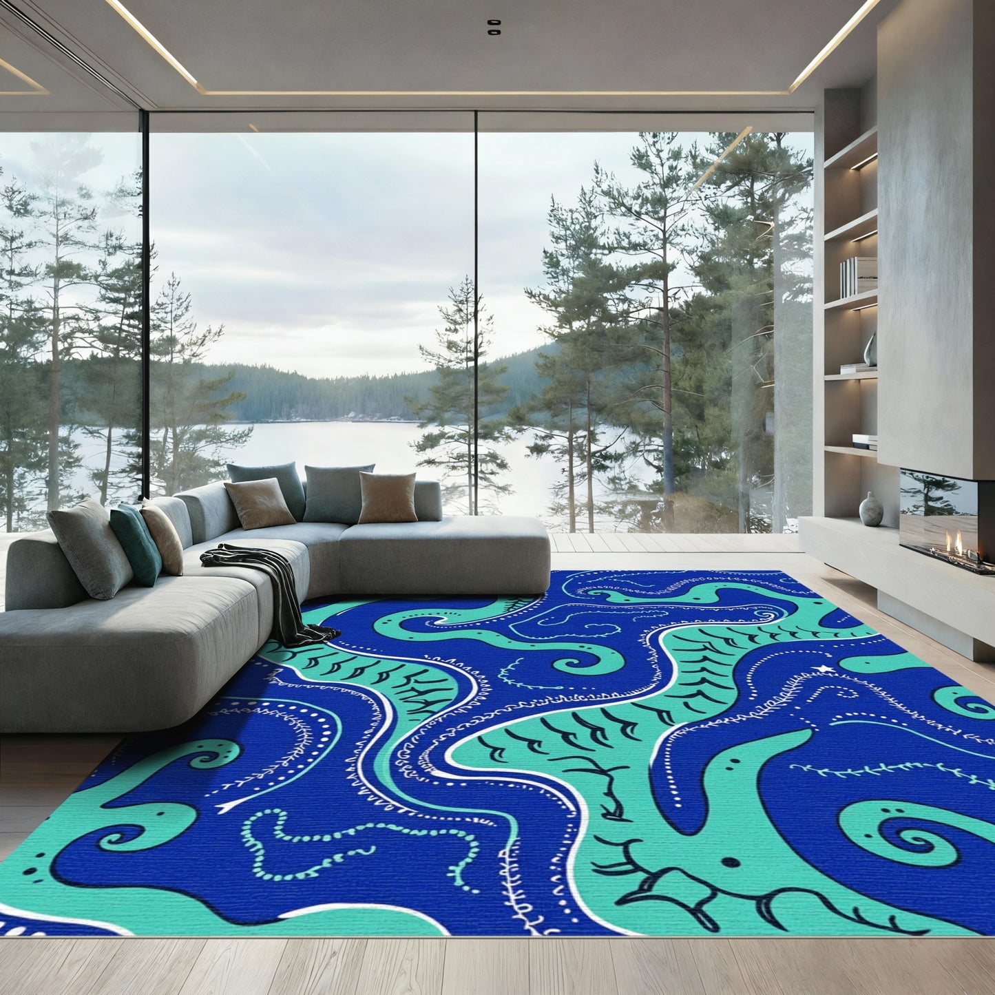 Deep Blue Teal Swirl Octopus Rug